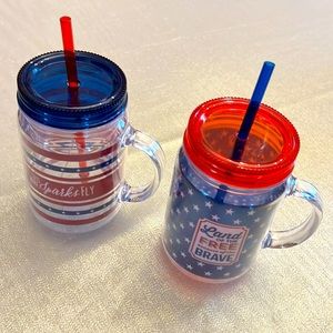 Two 16oz Plastic Patriot Handled Mugs Fourth of July Camping Picnics Barbecue